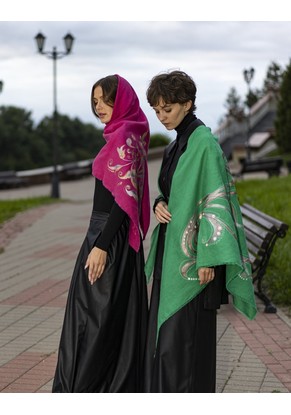 Косынка женская большая "Лен с росписью" модель 924